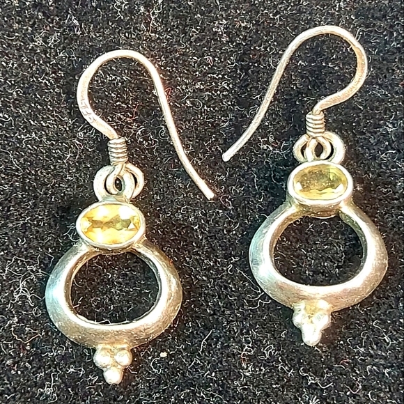 Vintage Sterling Silver & Citrate Yellow Gemstone Drop Earrings plus Bonus Studs - Picture 2 of 12